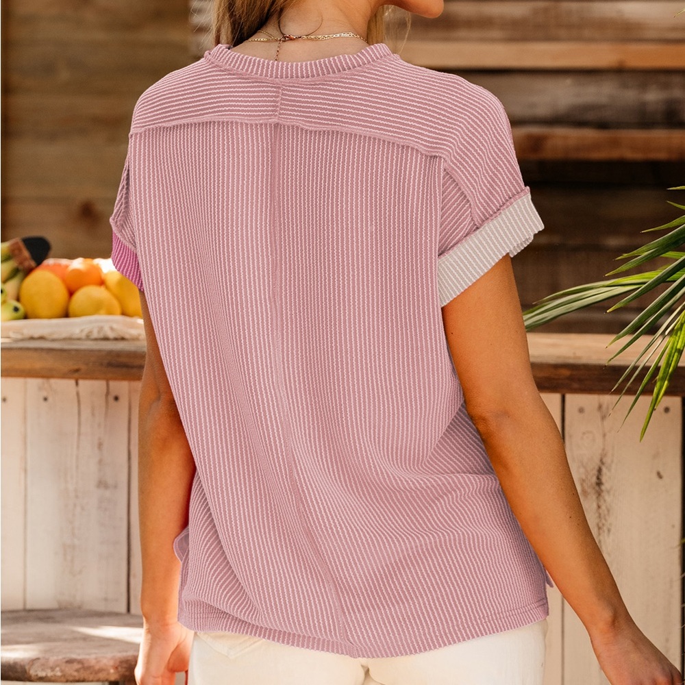 Pink Textured Colorblock Crew Neck T Shirt - Picture 3 of 4